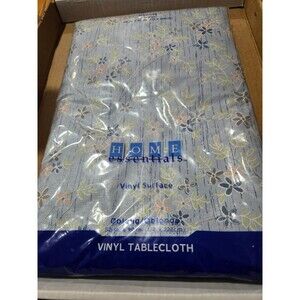 Essential Home 52"  x 90" Oblong Flannel Tablecloth Vinyl Back Blue Kmart Vtg